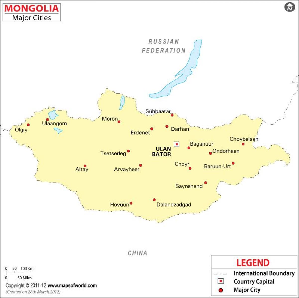 Mongolia peta dengan kota-kota